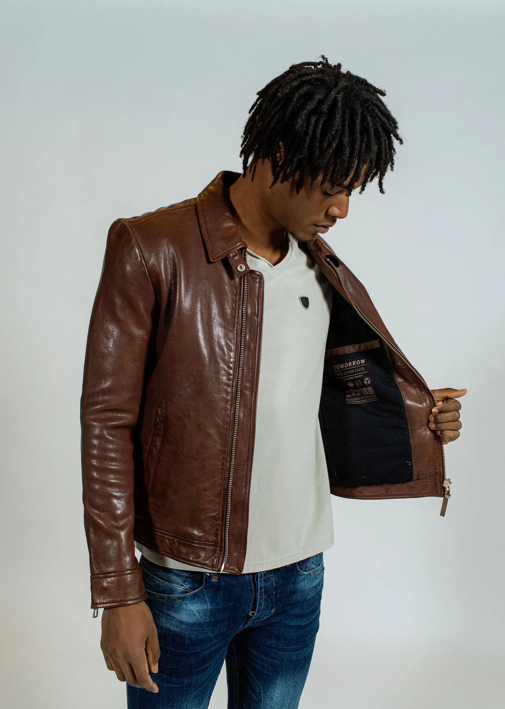 Blouson en cuir marron NORIS GREEN – Image 2