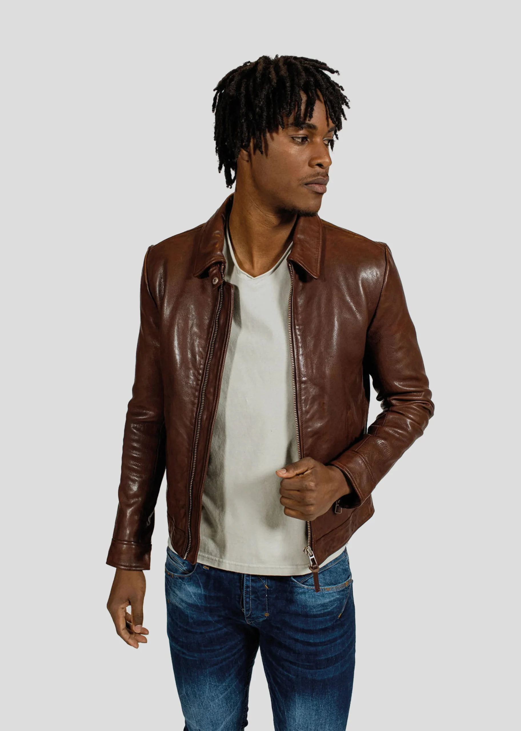 Blouson en cuir marron NORIS GREEN