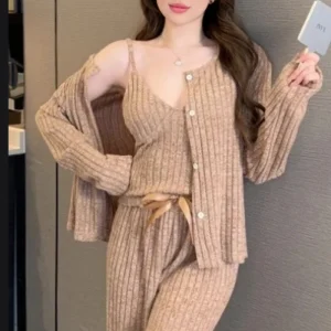 Pyjama 3 Pièces Beige Femme