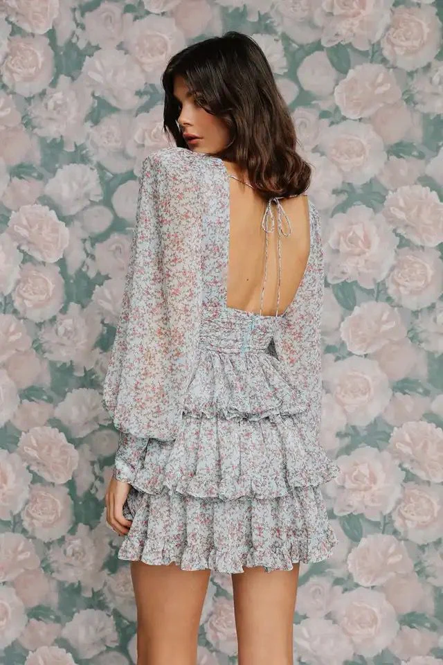 ROBE CHIFFON MINI À VOLANT IMPRIMÉE FLORAL