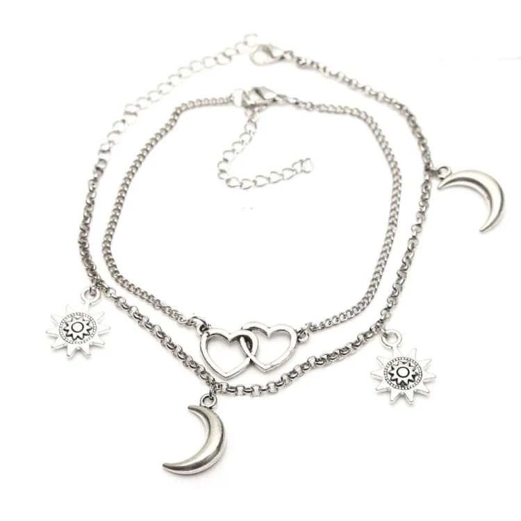 Bracelets de cheville à deux couches avec coeur lune et soleil – Image 4