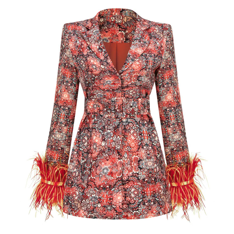 BLAZER IMPRIMÉ FLORAL ROUGE CORAIL DÉTAILS PLUMES – Image 5
