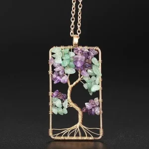 Collier Rectangulaire de l'Arbre de vie en Améthyste et Aventurine