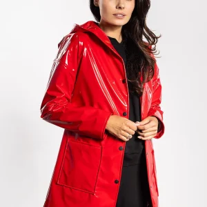 MANTEAU LATEX BRILLANT AVEC CAPUCHE ROUGE