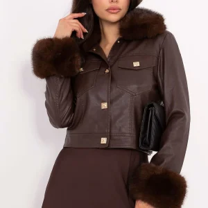 VESTE EN CUIR DÉTAILS FOURRURE MARRON