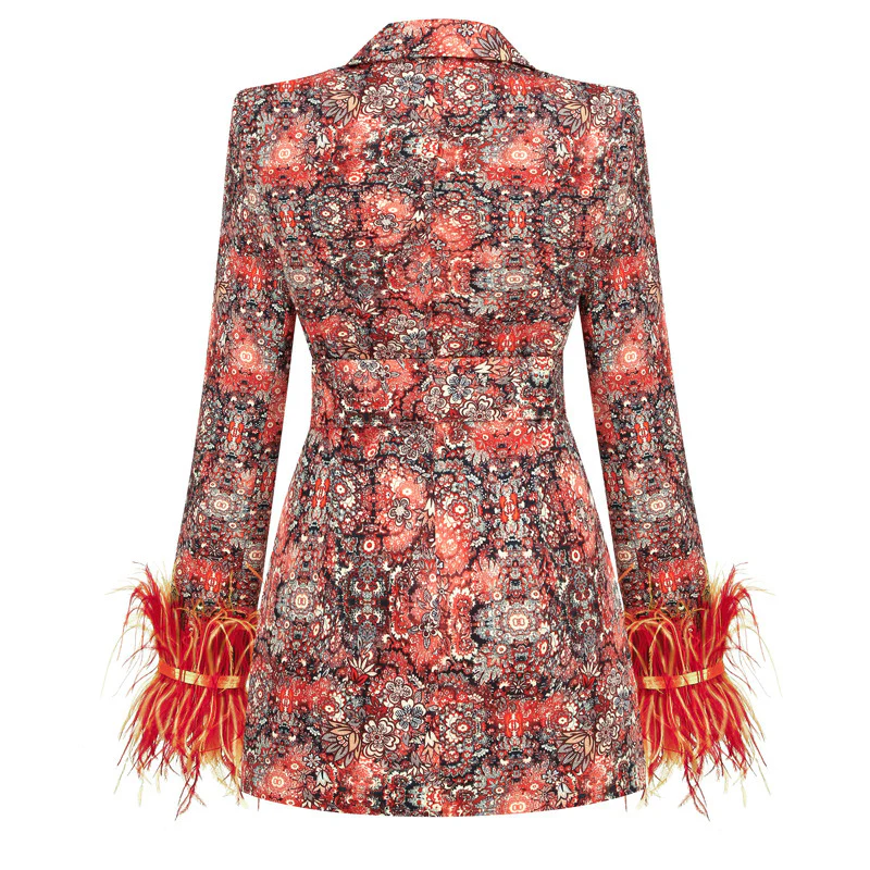 BLAZER IMPRIMÉ FLORAL ROUGE CORAIL DÉTAILS PLUMES – Image 4