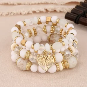 Ensemble de 4 Bracelets Arbre de Vie Blancs avec Perles – Pureté et Harmonie