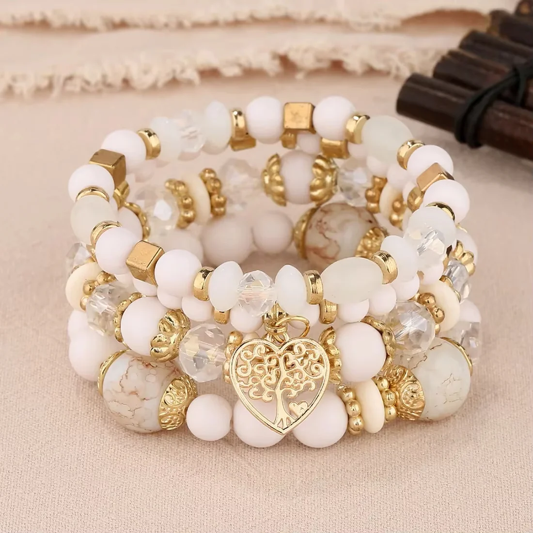 Ensemble de 4 Bracelets Arbre de Vie Blancs avec Perles – Pureté et Harmonie