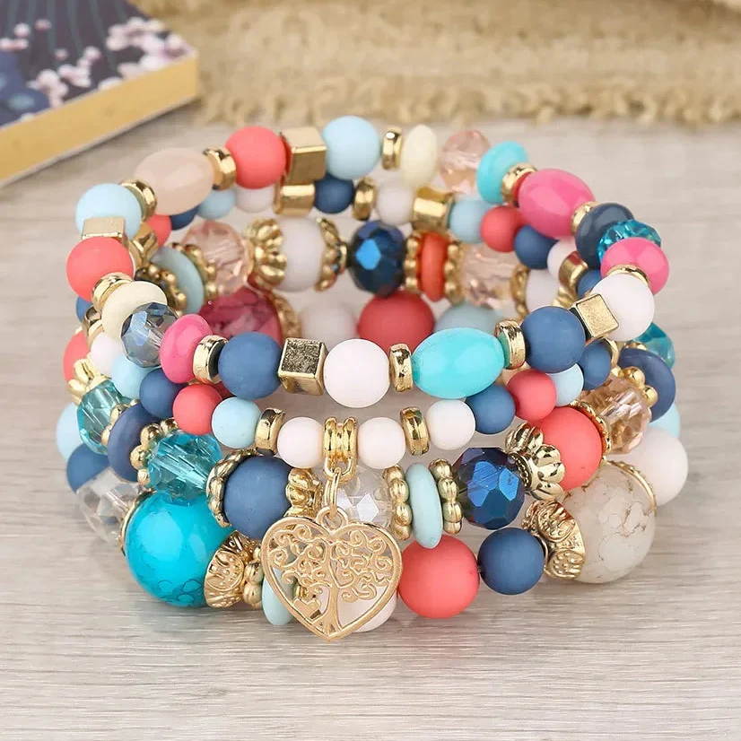Ensemble de 4 Bracelets Arbre de Vie Multicolores avec Perles – Joie et Diversité