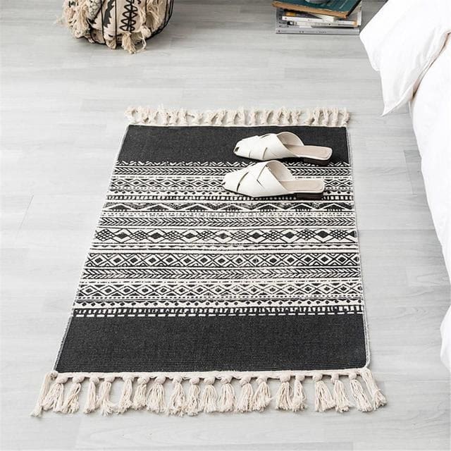 Tapis Zen Turc à frange - Noir et Blanc